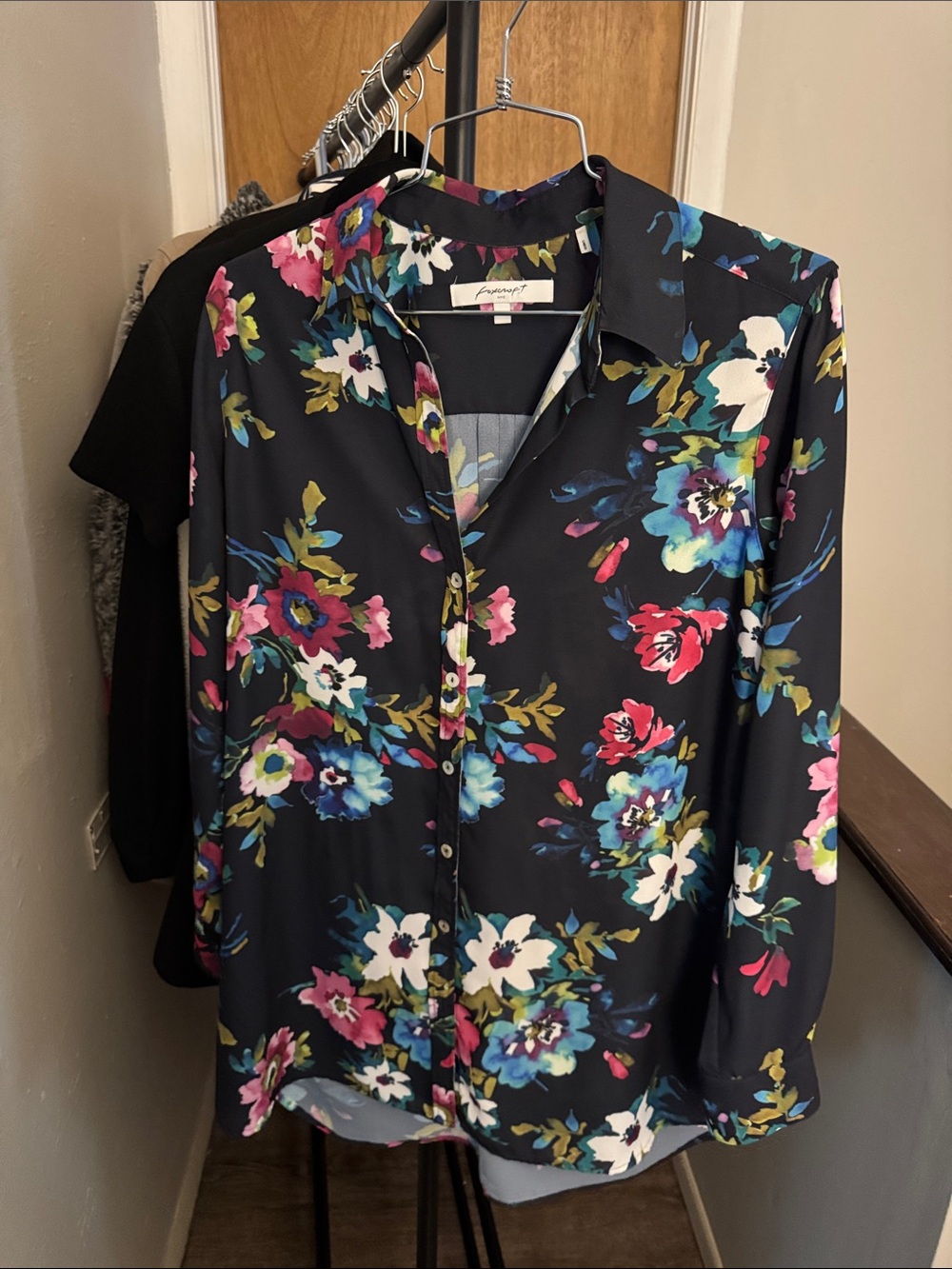 Navy Floral Button-Front Shirt with Multicolor Blooms
